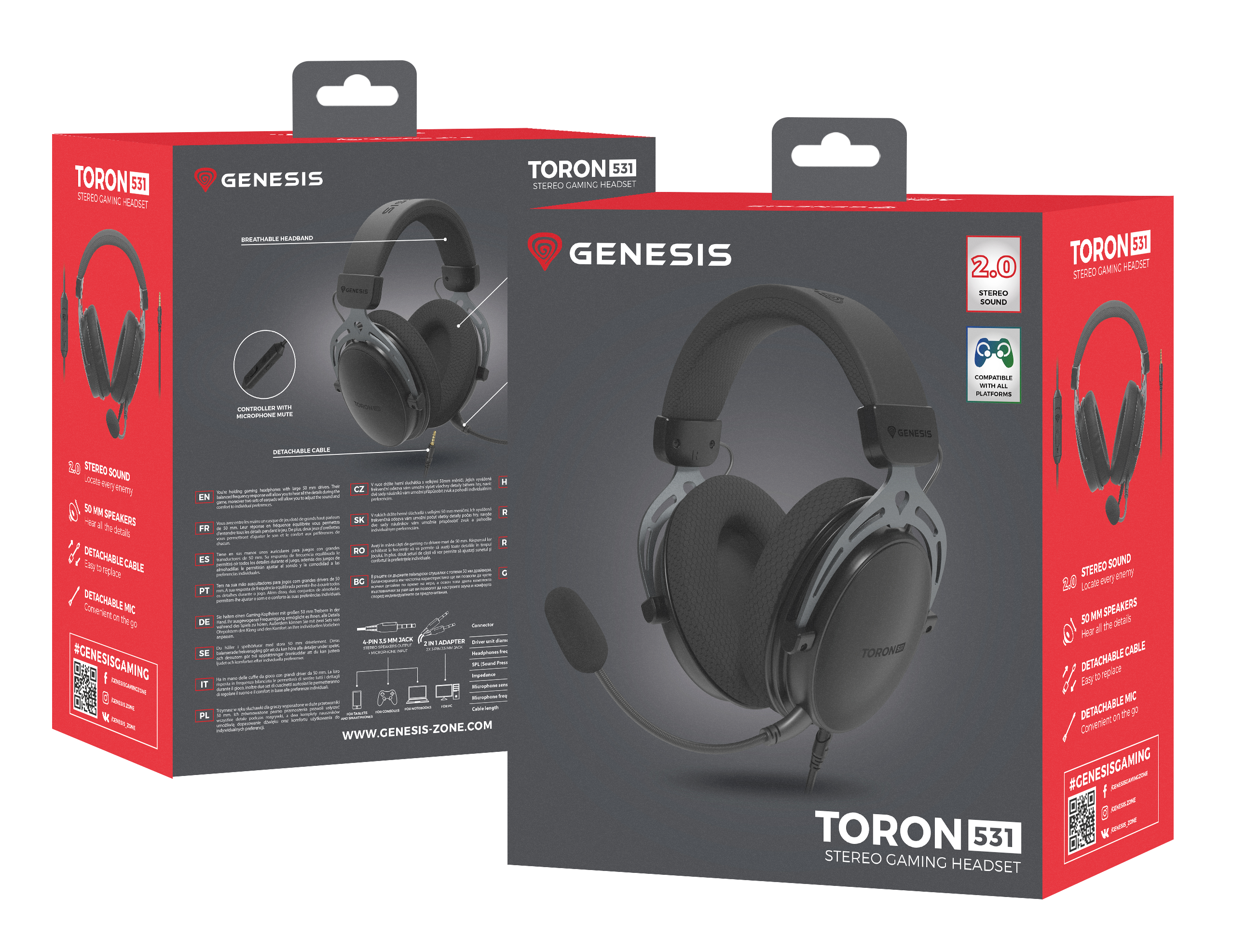 Pudełka ze słuchawkami, czarne i czerwone. Pudełka wyświetlają nazwę produktu, funkcje i obraz słuchawek.