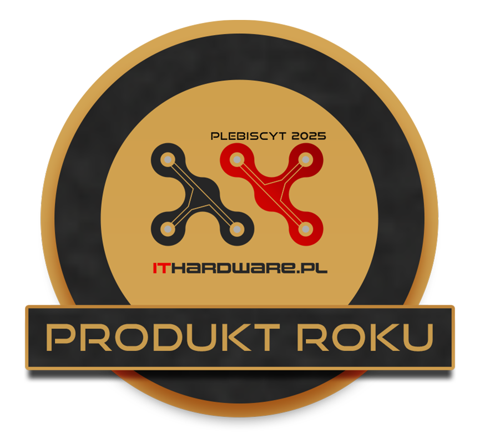 Logo z czarnymi i czerwonymi obwodami, złotym okręgiem i napisem 'PRODUKT ROKU'. Obecne są również napisy 'PLEBISCYT 2025' i 'IThardware.pl'.