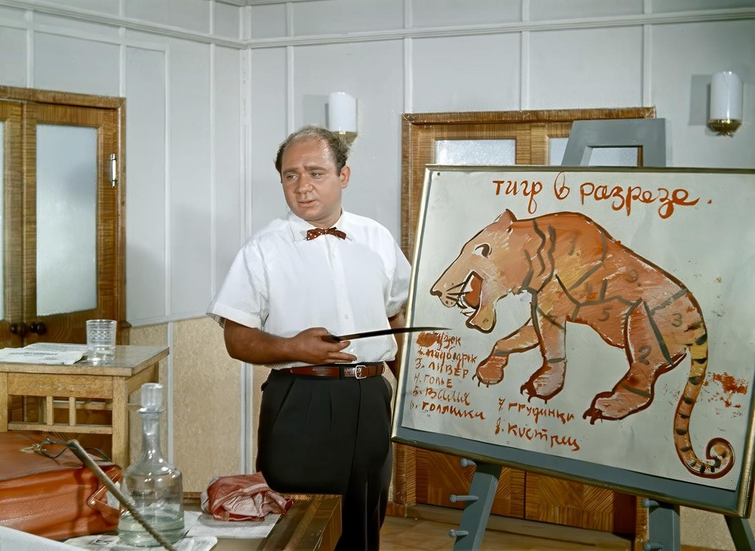 Ein Mann zeigt auf eine Tafel mit einem Tigerdiagramm. Die Tafel hat russischen Text. Der Mann trägt ein weißes Hemd und eine schwarze Hose.