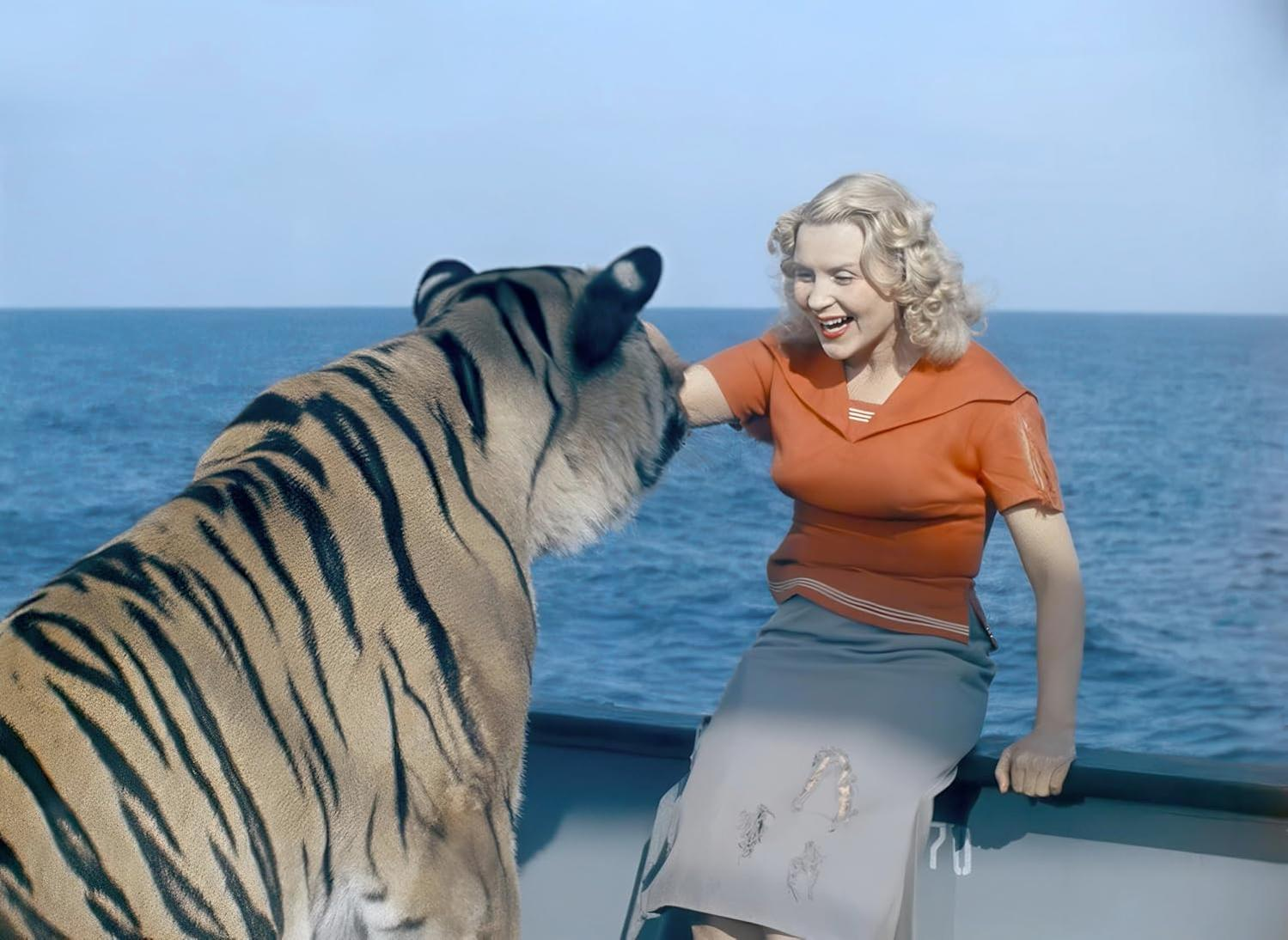 Eine Frau in orangem Oberteil und grauem Rock lächelt einen Tiger an. Der Tiger ist auf einem Boot, mit dem Meer im Hintergrund.