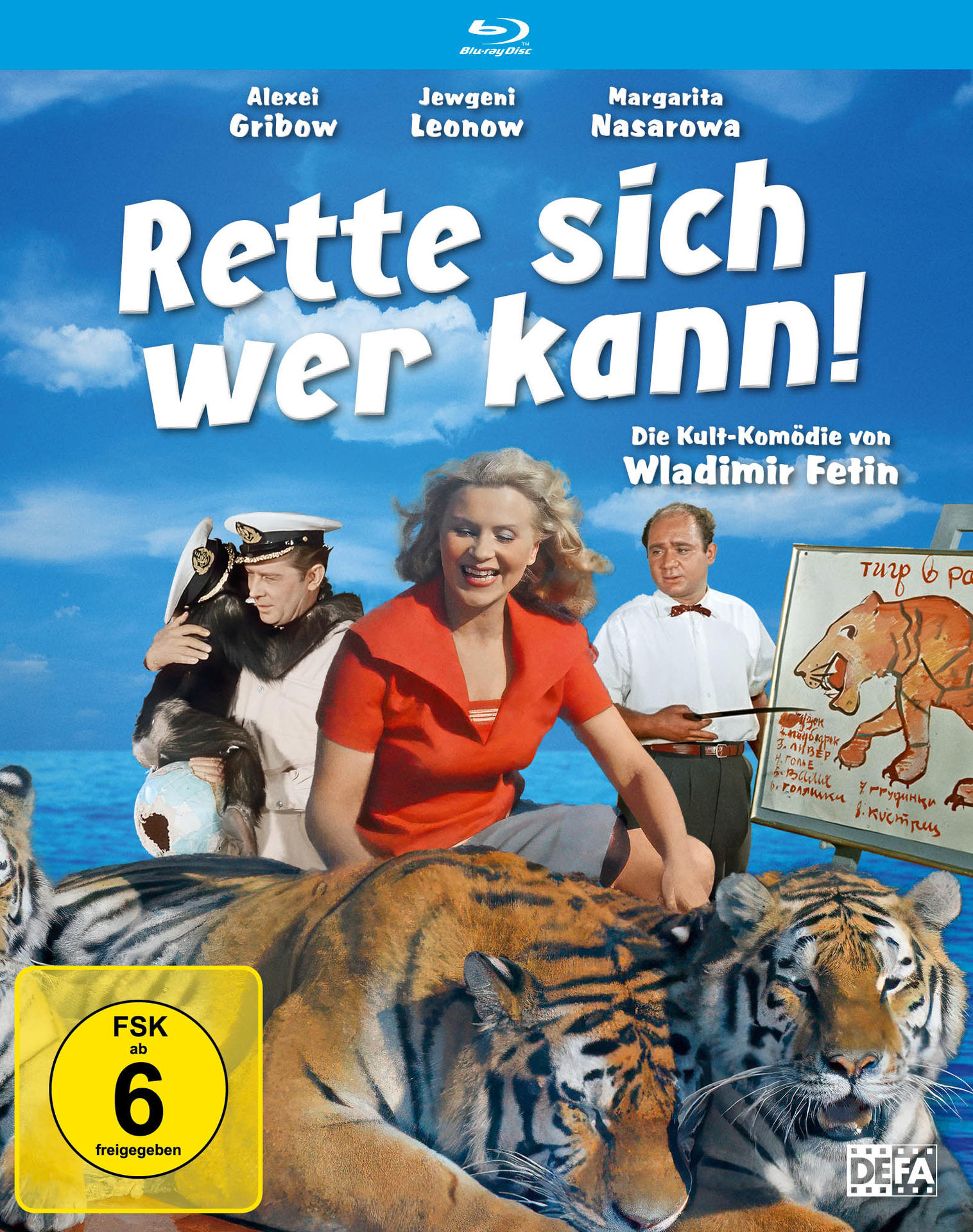 Filmposter mit Schauspielern, Tigern und einer Tigerzeichnung. Der Text lautet: "Rette sich wer kann!" und "Blu-ray Disc".