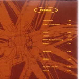 Braunes CD-Cover mit dem Bandnamen 'Orbital', Titelliste und einem abstrakten Grafikdesign in Orange und Weiß.