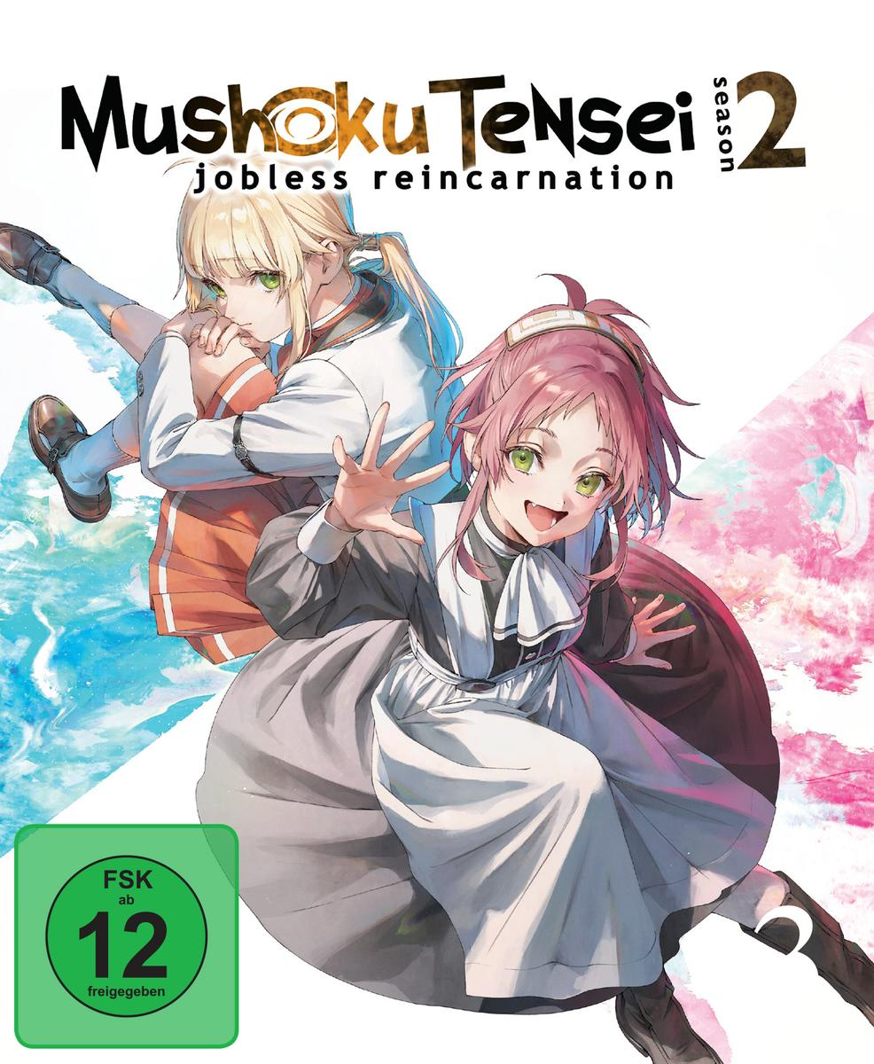 Anime-Cover. Zwei Mädchen, eins blond, eins pinkhaarig, vor blau-weißem Hintergrund. Titel: Mushoku Tensei Staffel 2.