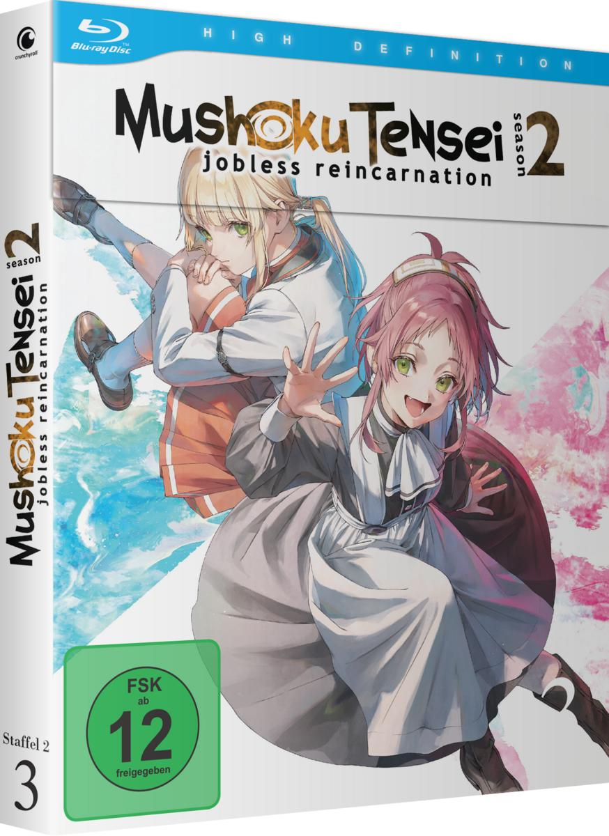 Anime Blu-ray-Cover. Zwei Anime-Mädchen, blond und rosa Haare, lächeln. Titel: Mushoku Tensei: Jobless Reincarnation Staffel 2.