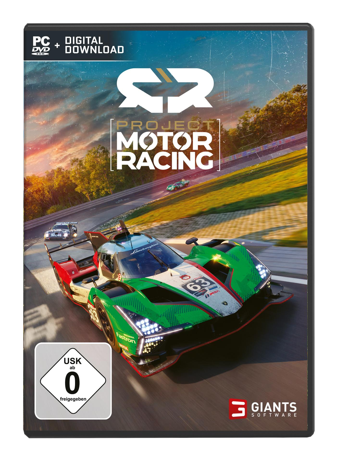 Ein Rennwagen mit der Nummer 63 fährt auf einer Rennstrecke. PC-Spiel-Cover.