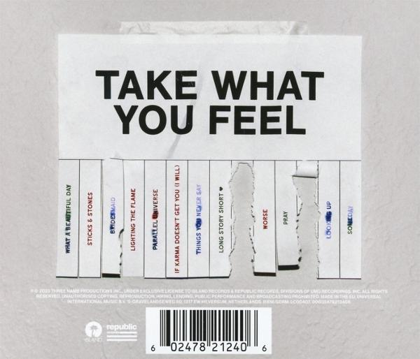 Albumcover mit dem Text 'TAKE WHAT YOU FEEL' und Songtiteln. Unten befindet sich ein Barcode. Der Hintergrund ist grau.