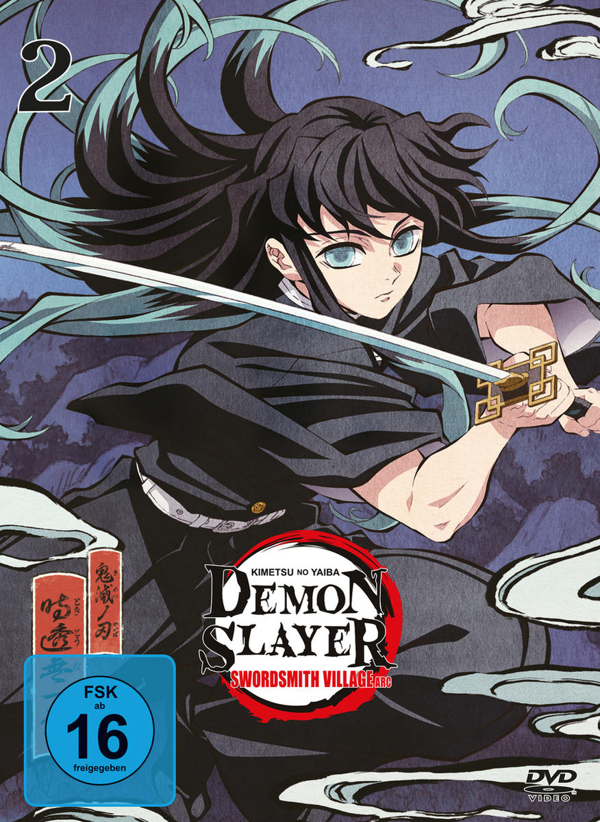 Ein junger Anime-Charakter mit Schwert. Auf dem Cover steht "Demon Slayer: Swordsmith Village Arc" mit deutscher Altersfreigabe.