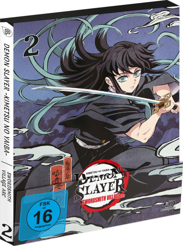 Anime-Cover zeigt eine Figur mit schwarzen Haaren, die ein Schwert hält. Der Titel lautet 'Demon Slayer: Swordsmith Village Arc'.