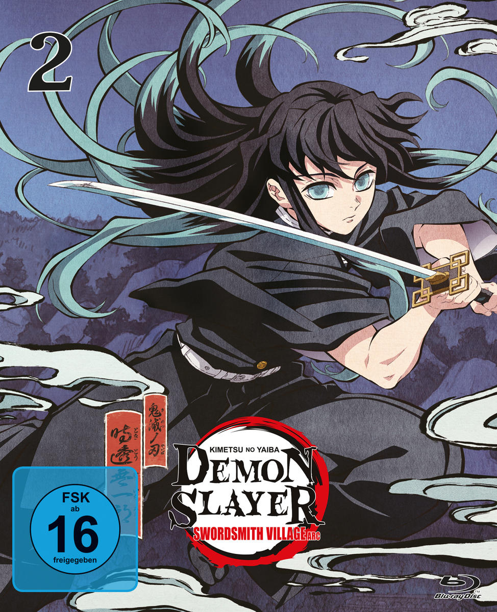 Anime-Cover. Charakter mit schwarzem Haar und Schwert, aus Demon Slayer. Enthält Logo und 'Swordsmith Village Arc'.