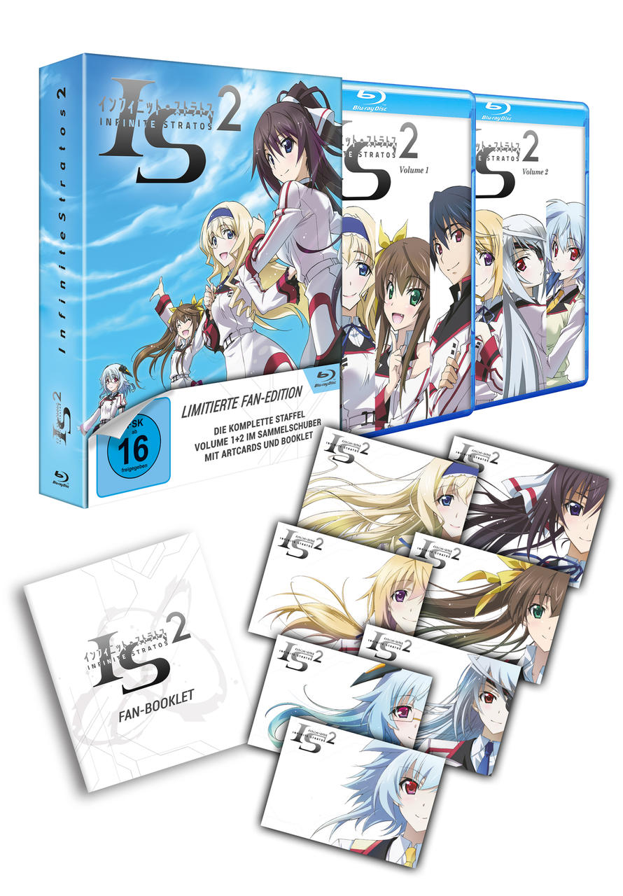 Anime-Box-Set. Enthält Blu-ray-Discs und Artcards mit verschiedenen weiblichen Charakteren in weiß-roter Uniform.