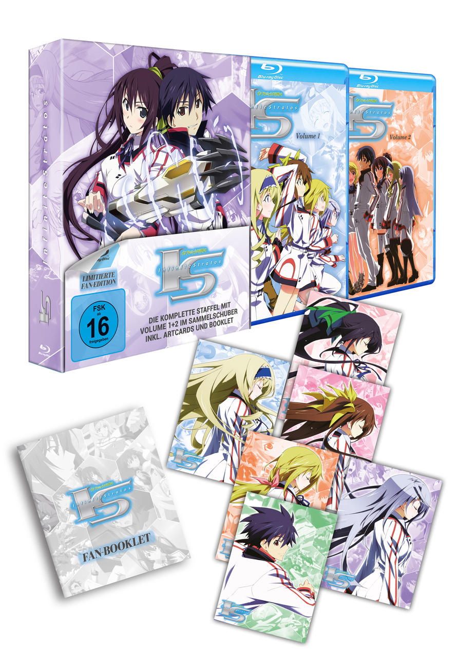 Anime Infinite Stratos 5 Box-Set mit Blu-ray Discs, Artcards und einem Fan-Booklet. Figuren in weißen und blauen Uniformen sind abgebildet.
