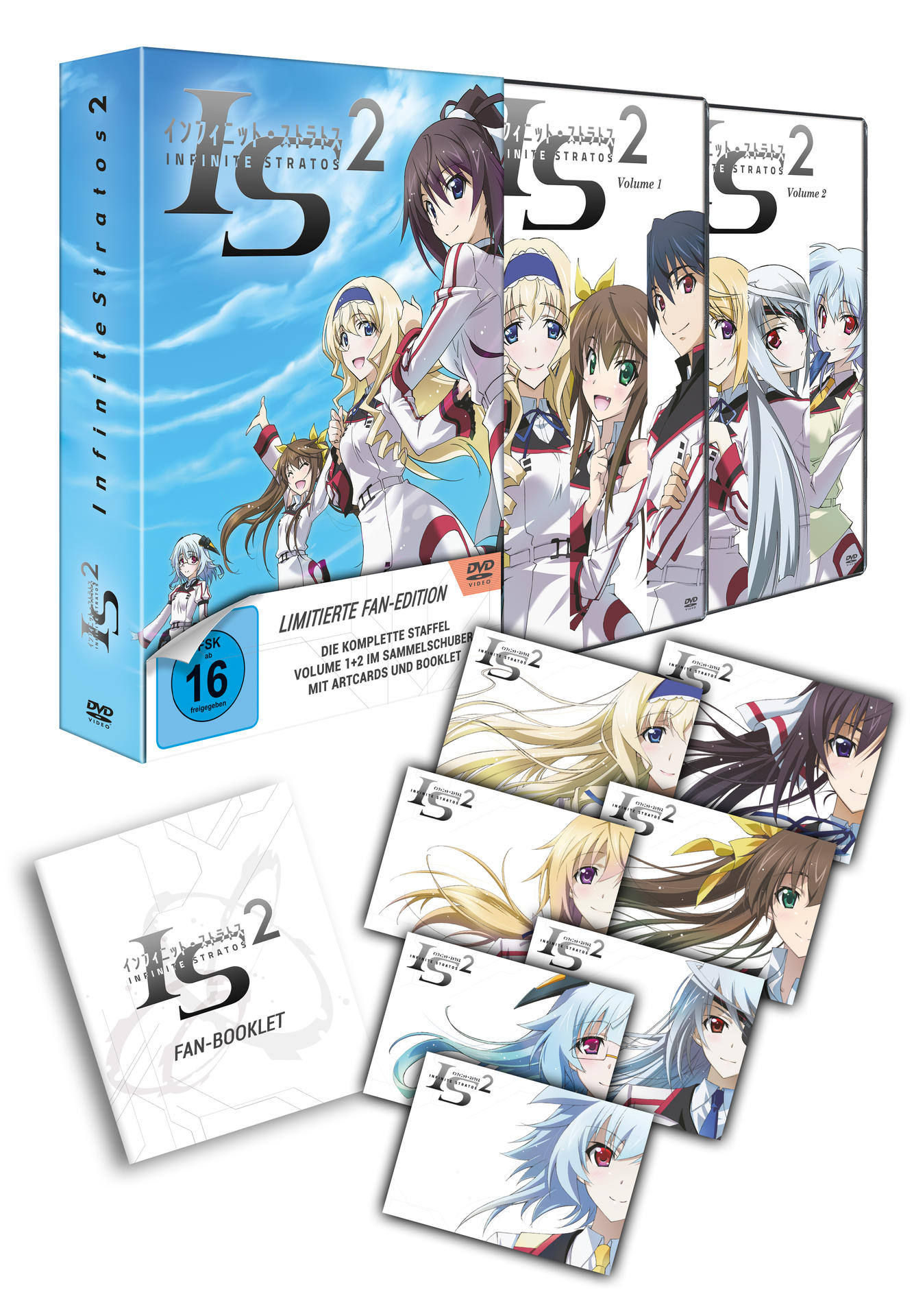 Anime-Box-Set mit Illustrationen von Charakteren. Enthält DVDs, Booklets und Artcards. Charaktere mit bunten Haaren.