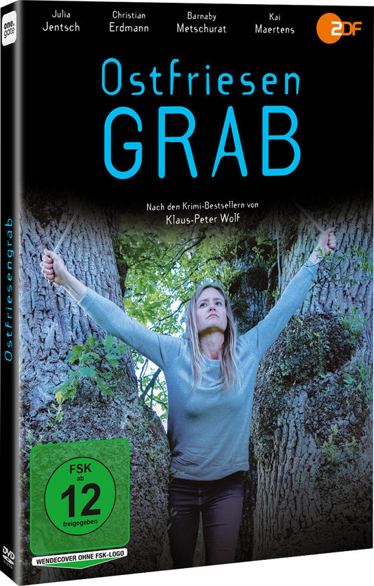 DVD-Cover. Frau mit erhobenen Armen zwischen Bäumen. Titel: Ostfriesen Grab. Bewertung: FSK 12.