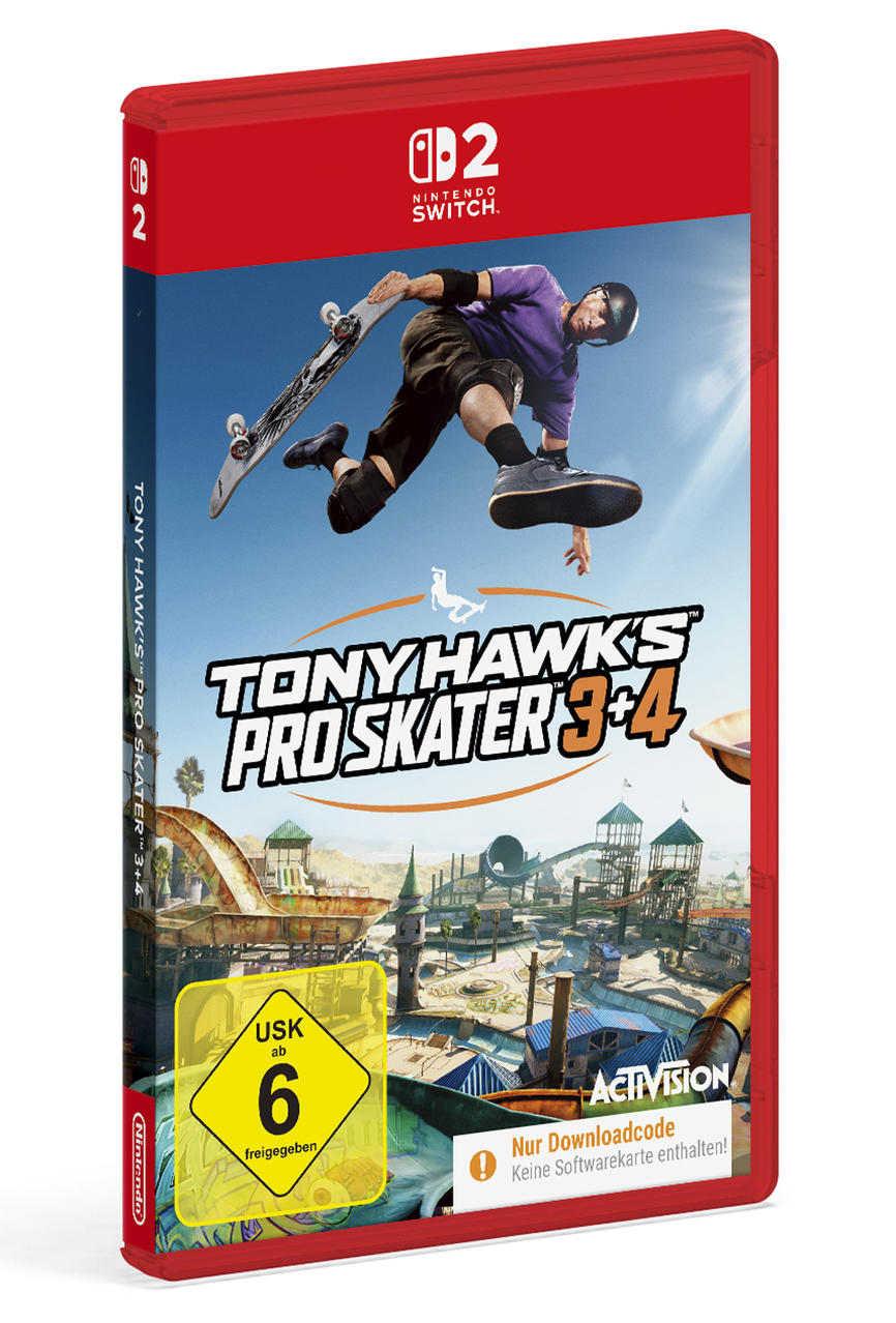 Spielcover zeigt einen Skater in der Luft mit einem Skateboard. Der Titel lautet "Tony Hawk's Pro Skater 3+4".