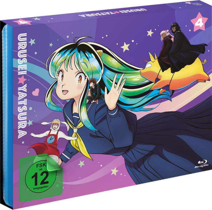 Anime-DVD-Box-Art. Ein Mädchen mit grünen Haaren, blauer Uniform und mehrere Charaktere schweben im Weltraum. FSK 12 Aufkleber.