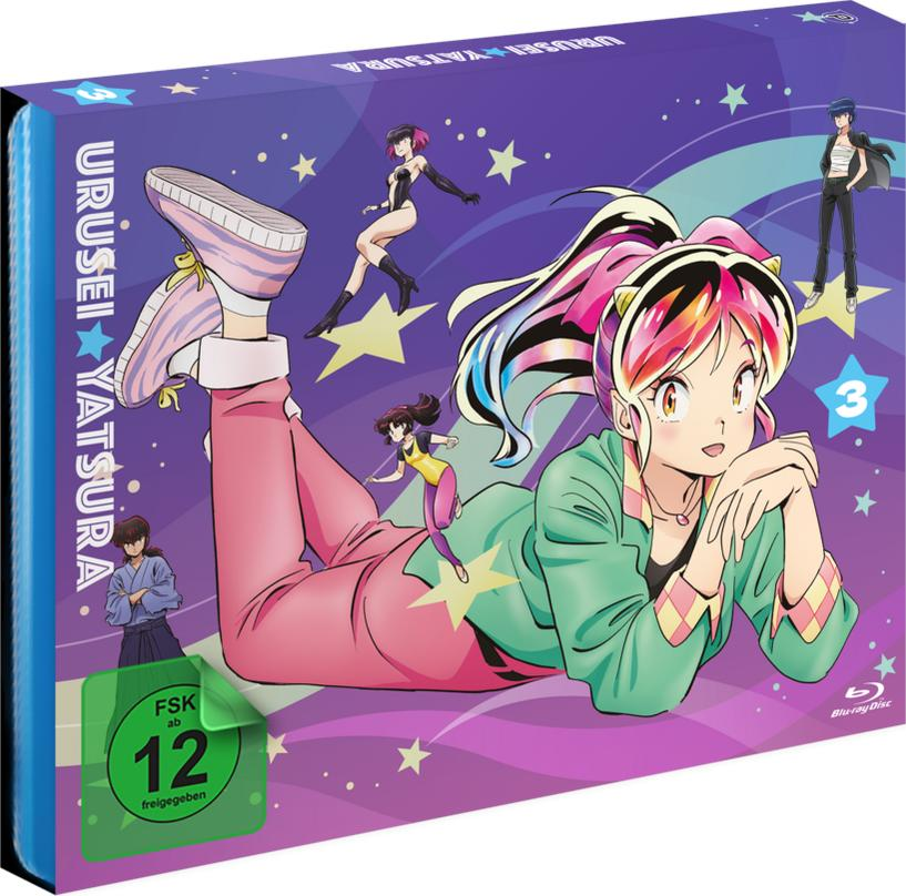 Anime-DVD-Cover mit einer liegenden Frau, bunten Haaren, rosa Hose und grüner Jacke. Andere Charaktere und Sterne sind im Hintergrund.
