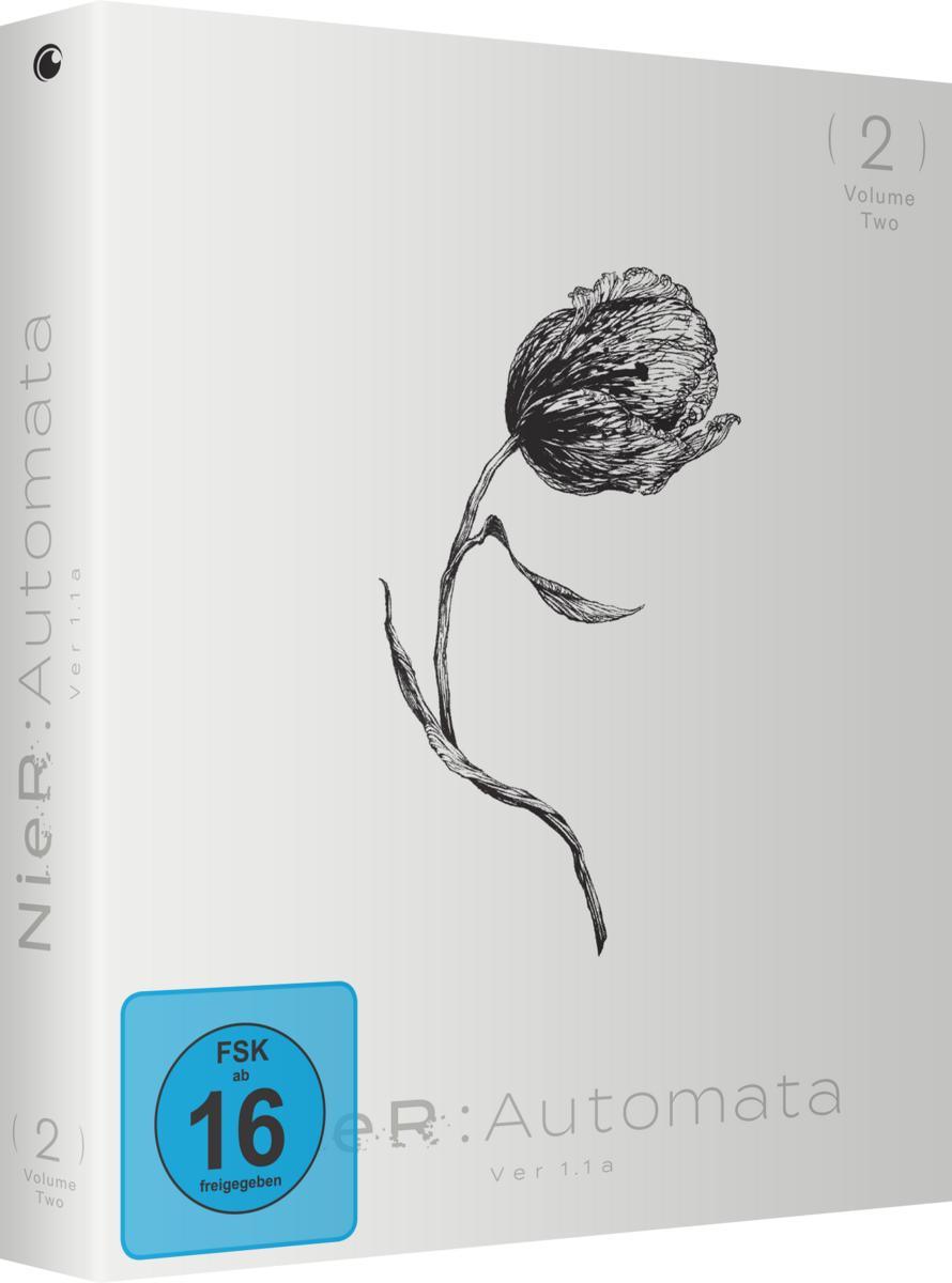 Eine weiße Box mit einer Schwarz-Weiß-Blumenzeichnung. Die Box hat den Text NieR:Automata. Außerdem zeigt sie einen FSK 16-Aufkleber.