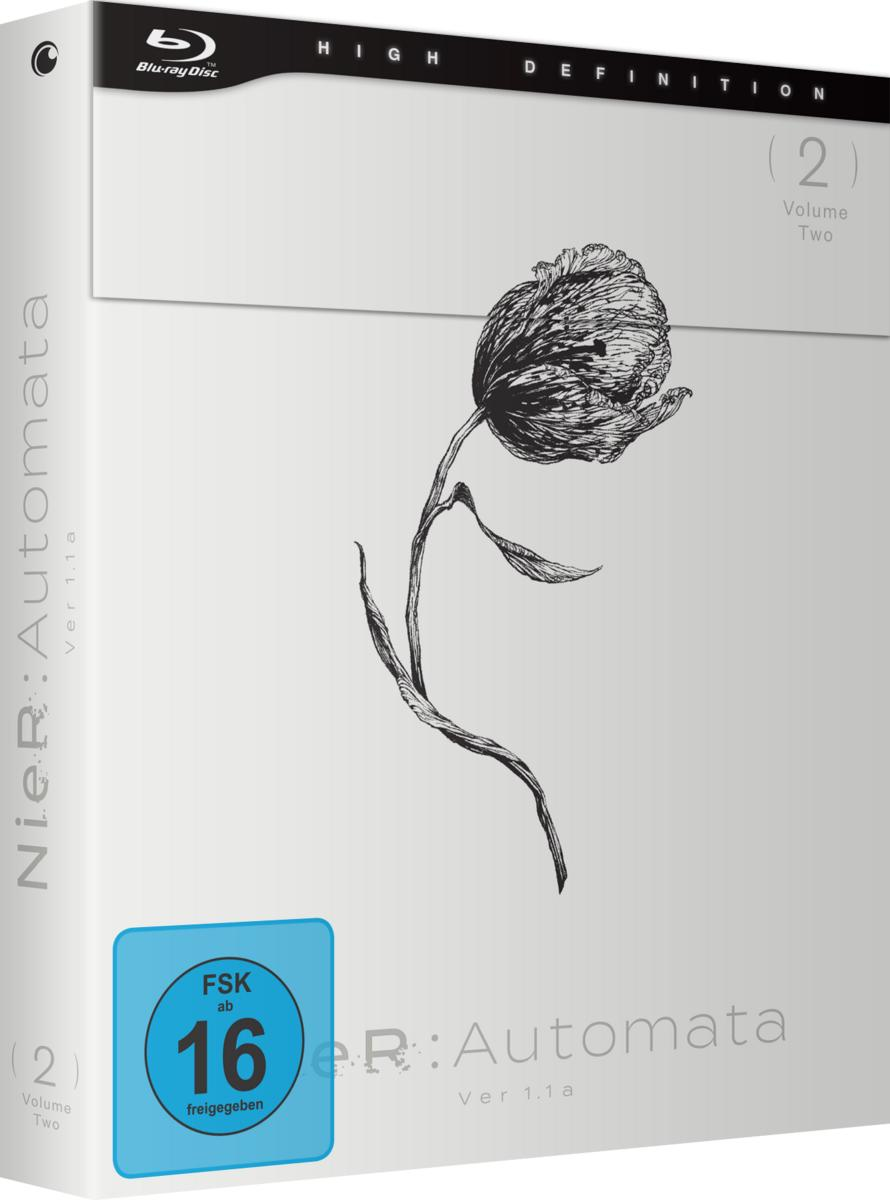 Eine Blu-ray-Box mit einer schwarz-weißen Blumenzeichnung. Die Box hat Text: NieR:Automata Ver 1.1a, Volume Two und ein Bewertungssymbol.