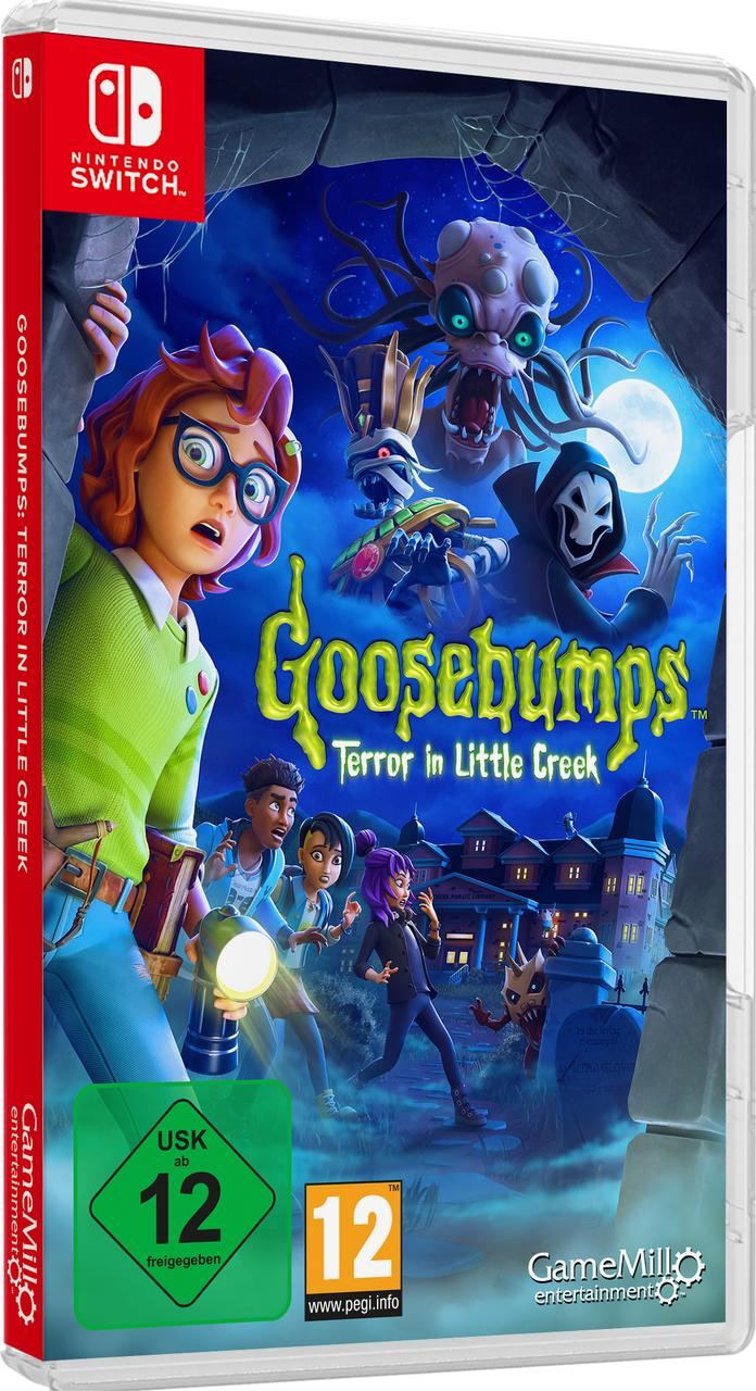 Goosebumps-Spielcover. Zeigt Charaktere, Monster und ein gruseliges Haus. Nintendo Switch-Logo und Altersfreigaben sind sichtbar.
