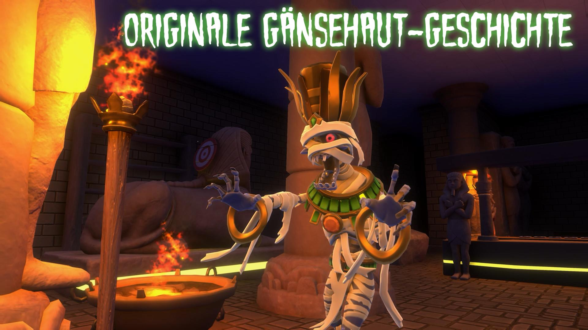 Eine Cartoon-Mumie mit goldenem Kopfschmuck steht in einem Grab. In einem Kessel brennt ein Feuer. Der Text 'ORIGINALE GÄNSEHAUT-GESCHICHTE' steht oben.