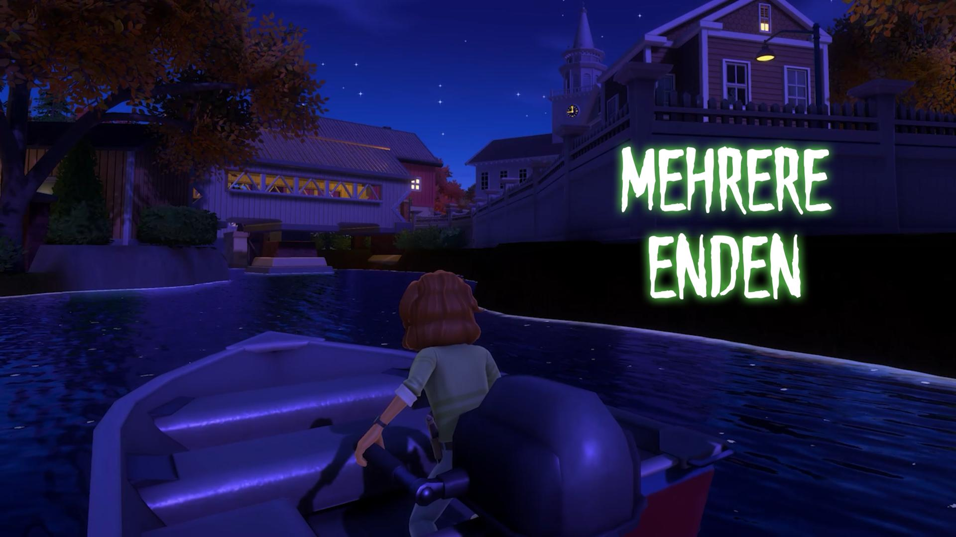 Eine Person in einem Boot auf einem See bei Nacht. Gebäude und ein Baum sind im Hintergrund. Text 'MEHRERE ENDEN' steht rechts.