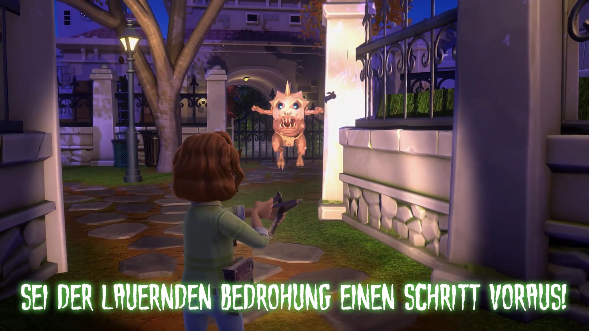 Ein Charakter zielt mit einer Waffe auf ein Monster in einem Garten. Das Monster hat einen stacheligen Kopf und schwebt vor einem Tor.