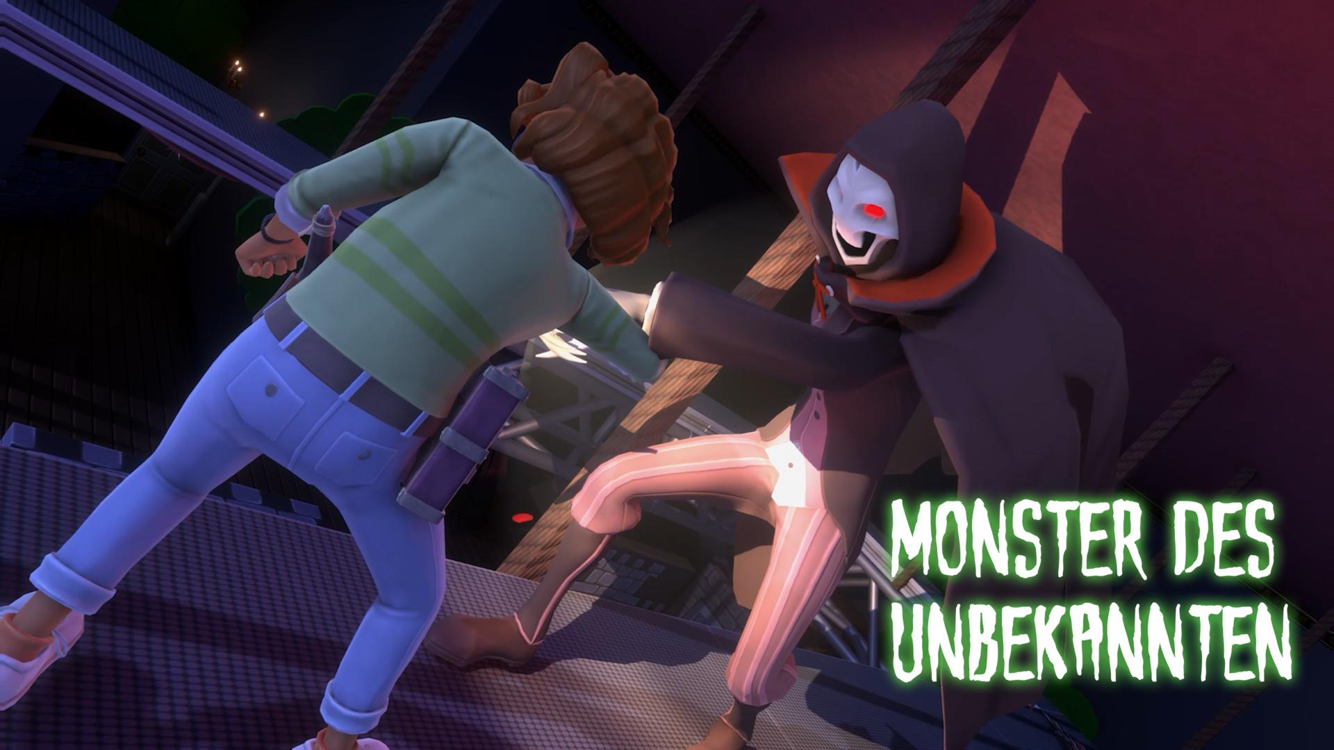 Eine Person in Jeans und einem grünen Hemd kämpft gegen ein Monster in einem schwarzen Umhang und einer Maske. Text: 'Monster des Unbekannten'.