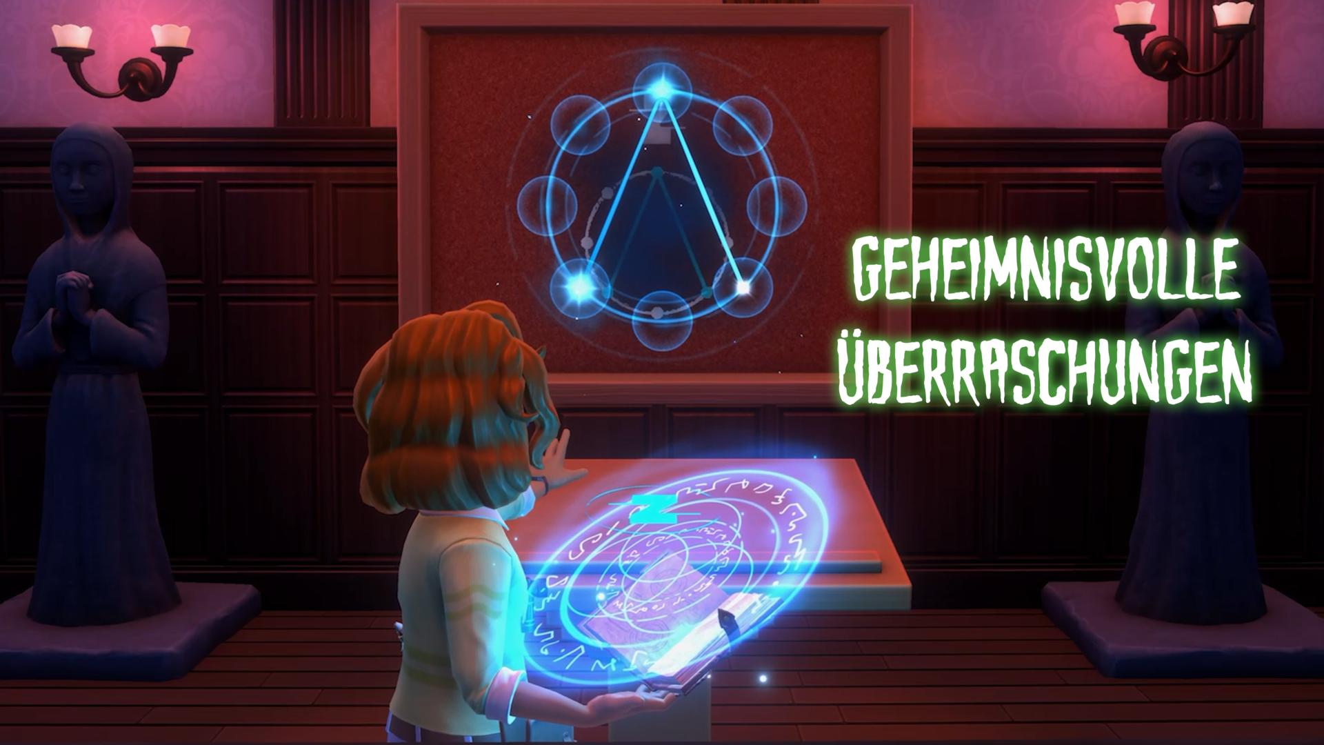 Eine Person interagiert mit einem leuchtenden Tablet, ein magischer Kreis erscheint auf einem Tisch. Statuen flankieren die Seiten, mit dem Text "Geheimnisvolle Überraschungen".