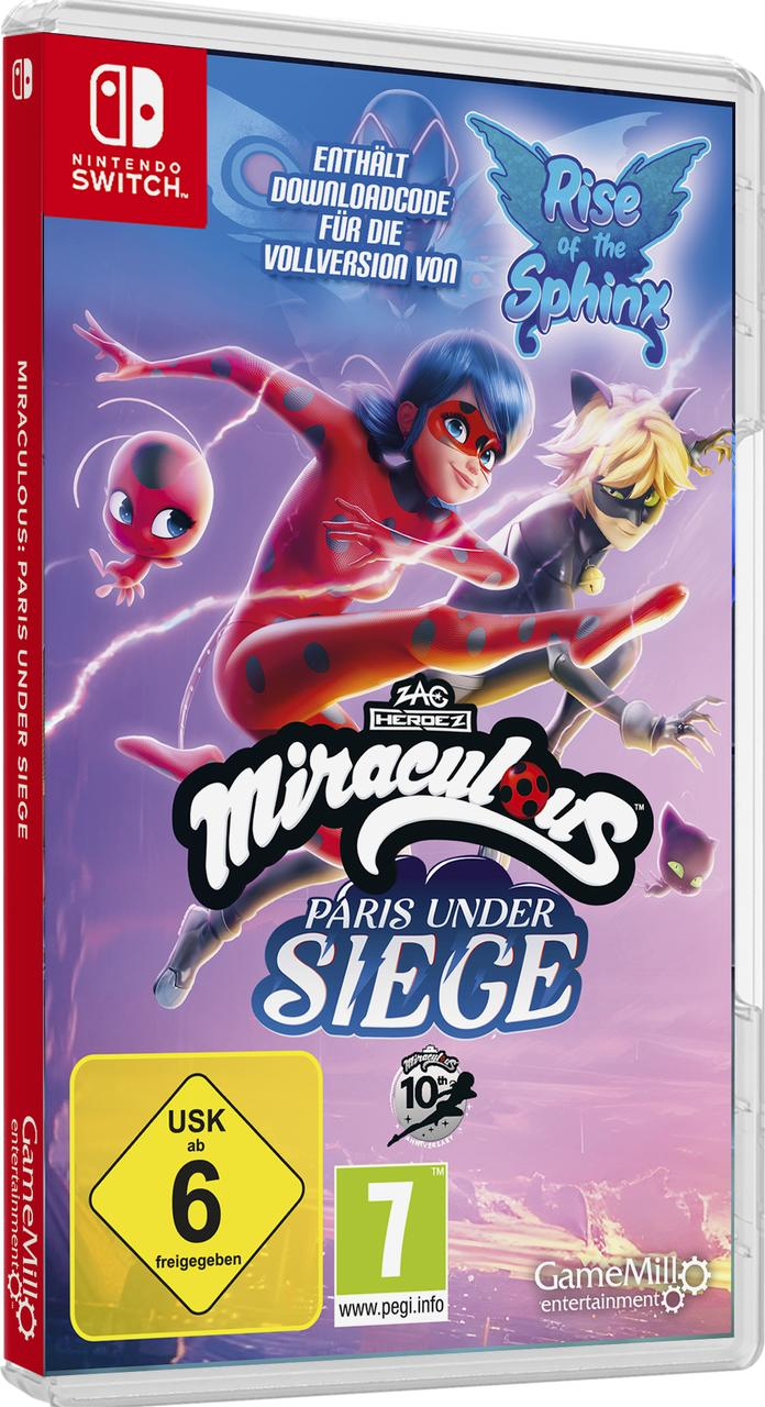Box-Art für das Spiel Miraculous: Paris Under Siege. Zeigt Ladybug und Cat Noir in Rot- und Schwarz.