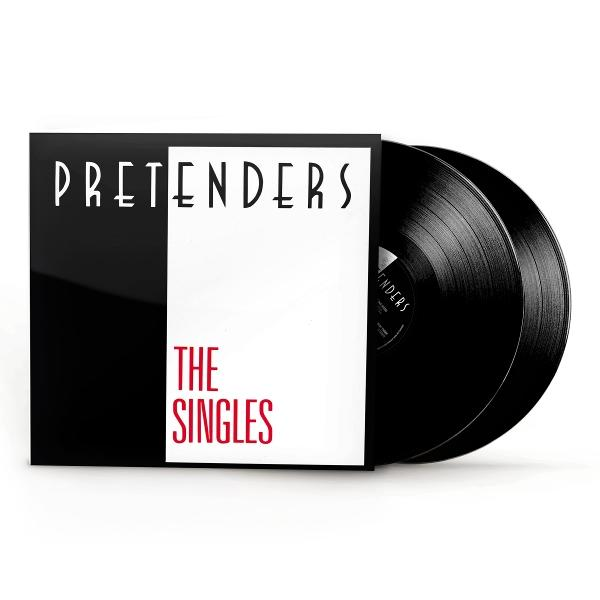 Albumcover für "The Singles" von The Pretenders. Schwarz-weißes Design mit zwei Vinyl-Schallplatten daneben.