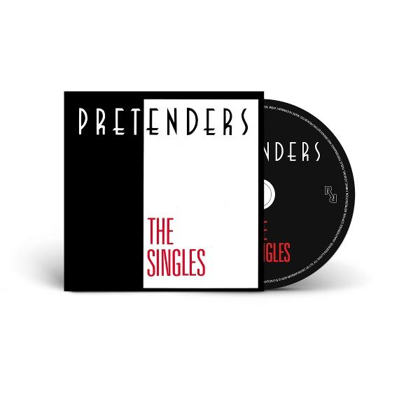 Albumcover für The Pretenders: The Singles. Es zeigt ein Schwarz-Weiß-Design mit Album- und Titeltext. Daneben befindet sich eine CD.
