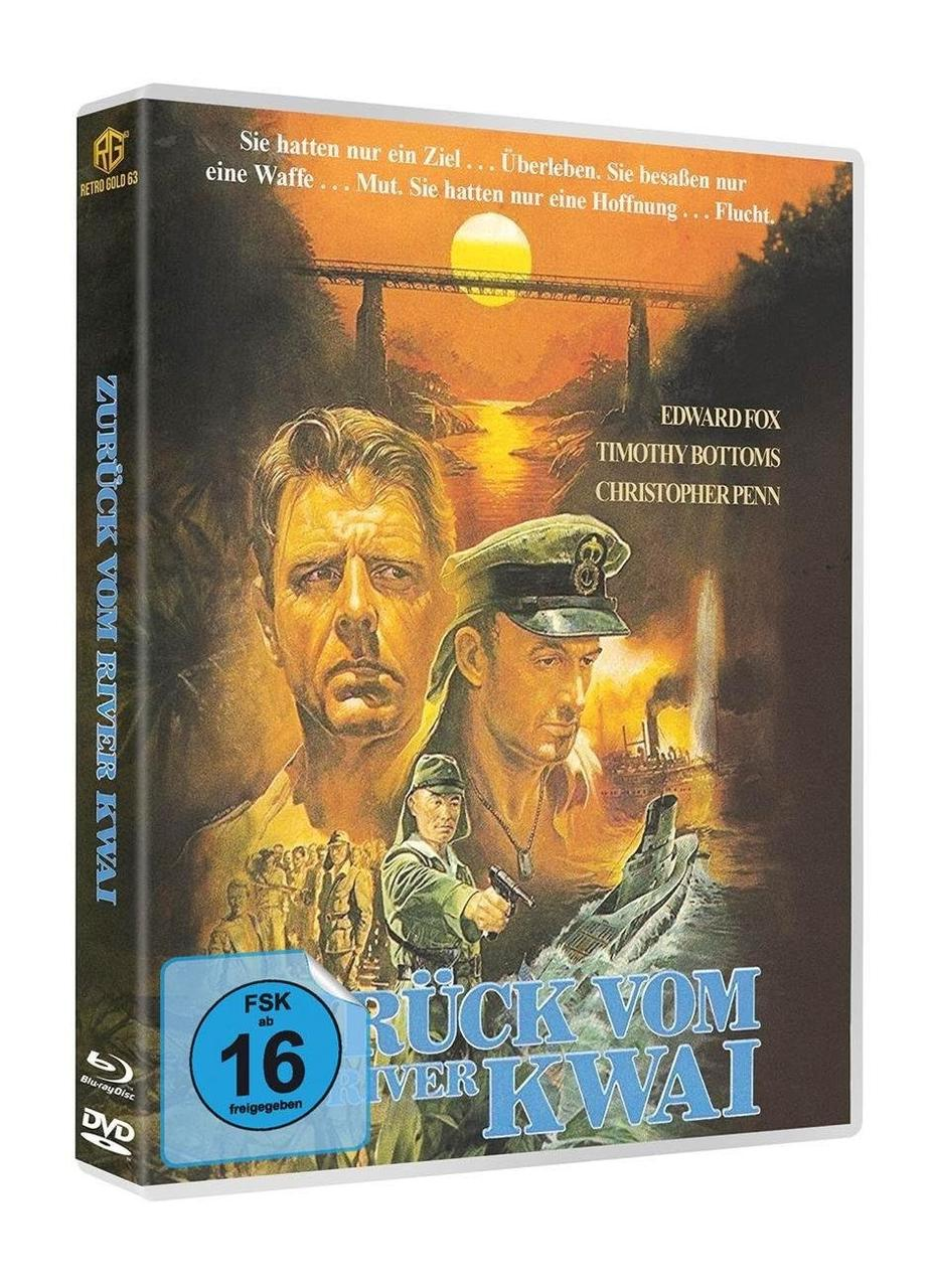Filmplakat: Männer in Militäruniformen, eine Brücke, ein Schiff auf dem Wasser und der Titel 'Ruck Vom River Kwai'.
