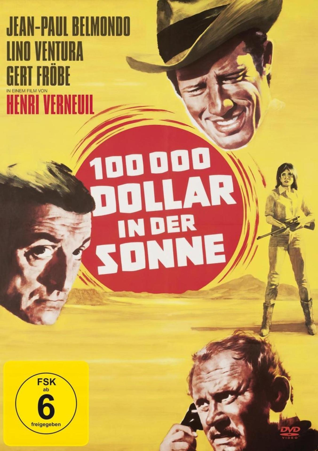 Filmposter mit den Schauspielern Jean-Paul Belmondo und Lino Ventura. Titel: 100 000 Dollar in der Sonne. Eine Frau mit einer Waffe ist im Bild.