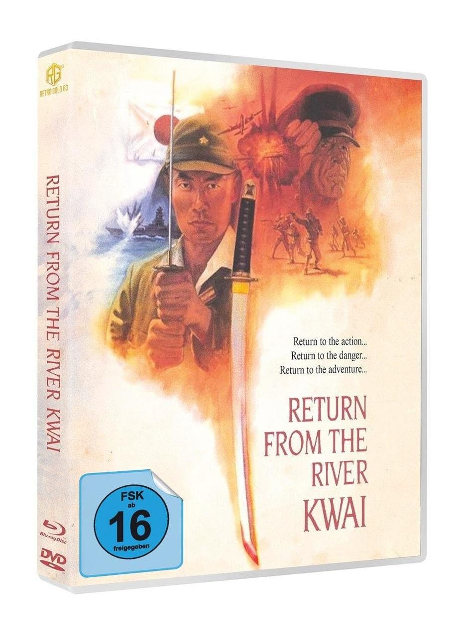 DVD-Hülle von 'Return from the River Kwai'. Ein Soldat mit Schwert steht im Vordergrund. Eine Explosion und andere Soldaten sind im Hintergrund.