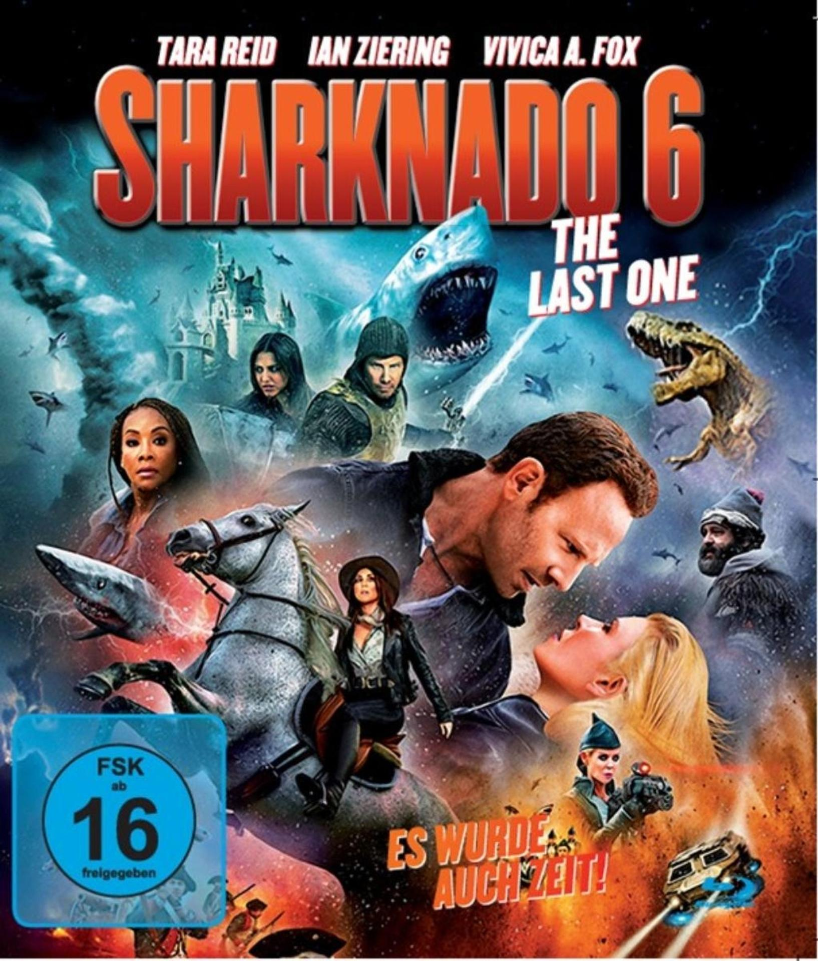 Filmposter für Sharknado 6, mit Schauspielern, Haien und einem Dinosaurier. Es hat eine blaue FSK-16-Bewertung.