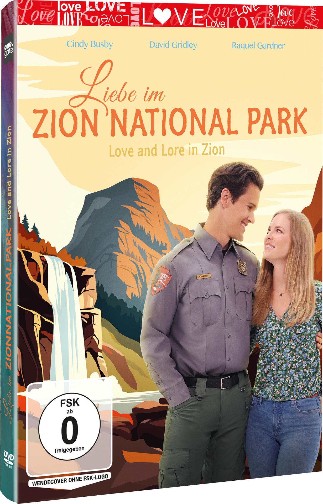 DVD-Cover. Ein Mann in Uniform und eine Frau lächeln. Berge und Wasserfall im Hintergrund. Titel: Liebe im Zion National Park.