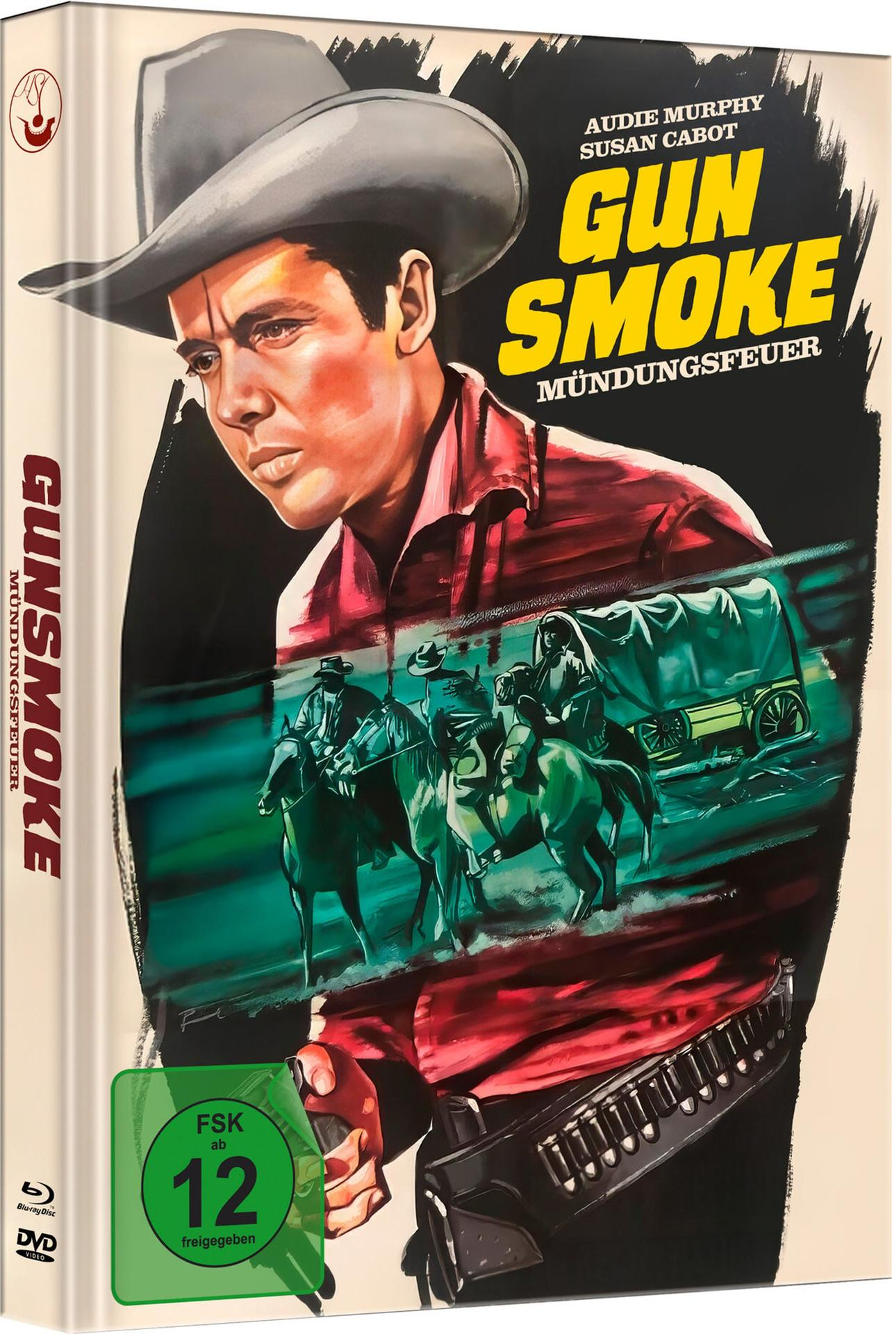 Ein Filmplakat für Gun Smoke. Ein Cowboy in rotem Hemd und Hut im Vordergrund. Pferde und ein Wagen im Hintergrund.