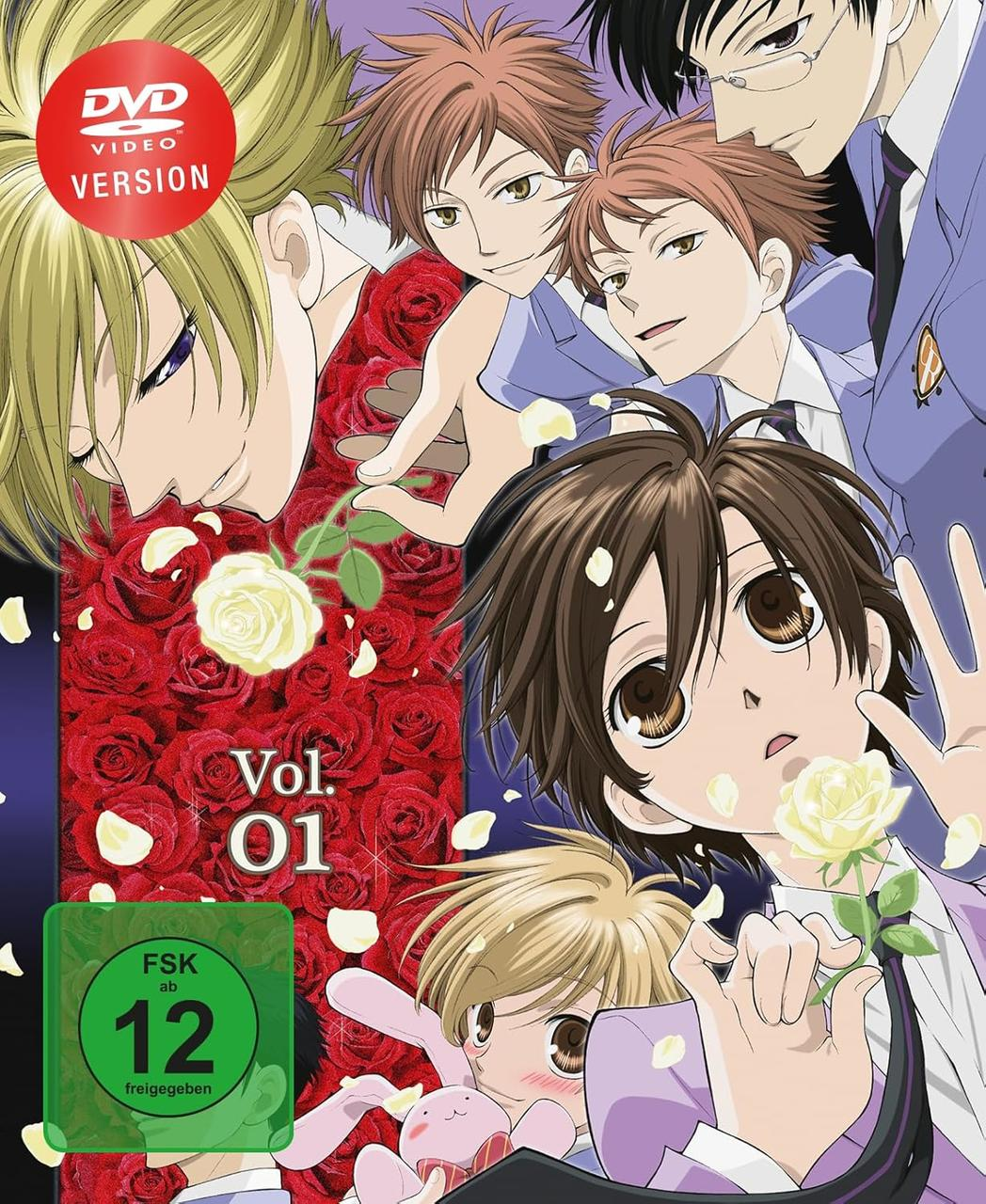 Anime-DVD-Cover. Mehrere Anime-Charaktere werden dargestellt, mit einem Hintergrund aus roten Rosen. Die DVD ist mit Vol. 01 und FSK 12 beschriftet.