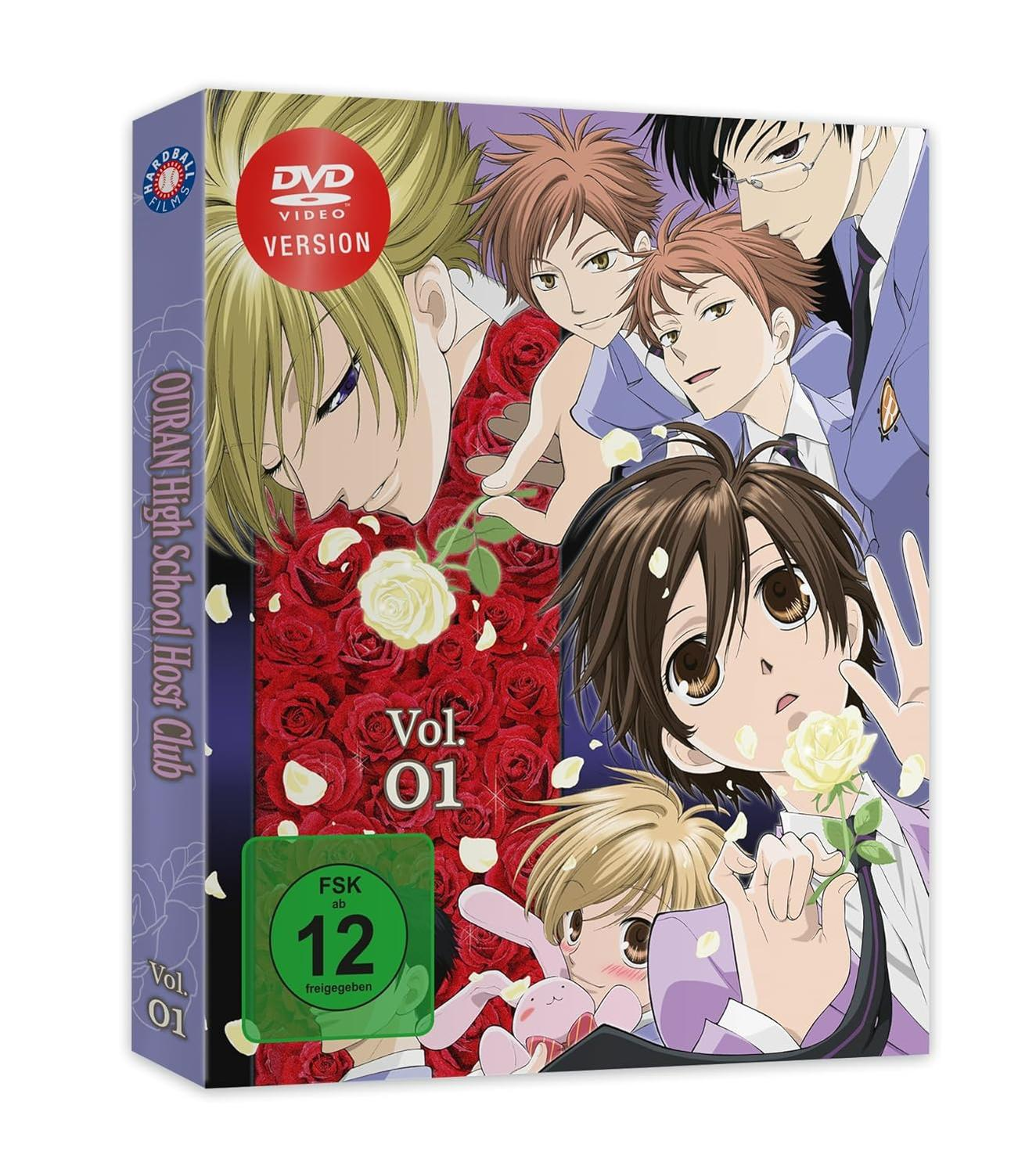 DVD-Hülle von Ouran High School Host Club. Zeigt Anime-Charaktere, Rosen und einen Altersfreigabe-Aufkleber. Titel und Band sind sichtbar.