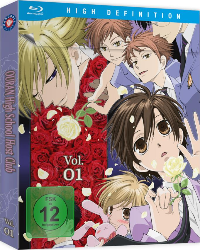 Anime-Cover. Mehrere Anime-Charaktere, umgeben von Rosen. Text: 'Ouran High School Host Club'. Vol. 01. FSK ab 12.