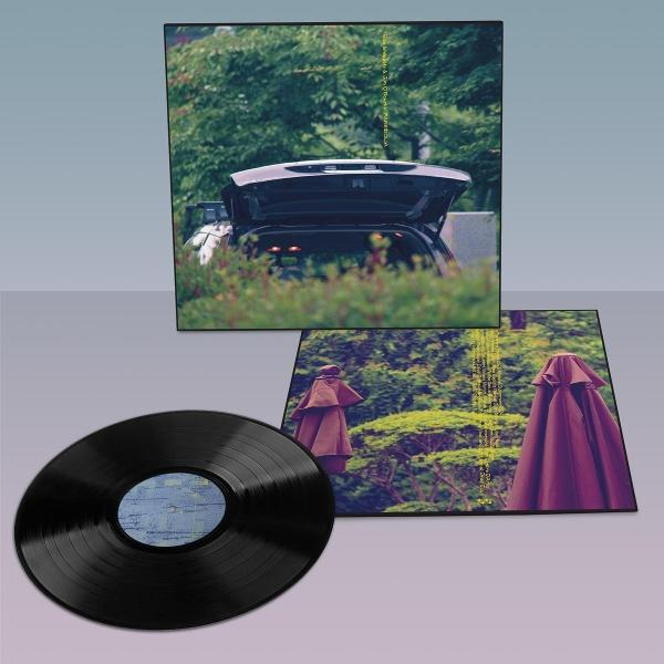 Eine Schallplatte, Albumcover mit offenem Kofferraum im Garten und zwei geschlossenen Schirmen vor grünen Büschen.