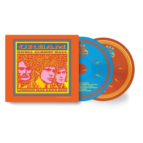 Cream's Royal Albert Hall CD-Hülle. Orange Box mit Bandbild, blaue und orangefarbene CDs. Text enthält Bandnamen und Konzertdetails.