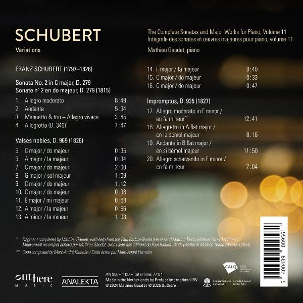 CD-Cover mit Schuberts Werkverzeichnis, mit Mathieu Gaudet. Enthält Musikstücke, Dauern und Copyright-Details. Meist Schwarz-Weiß.