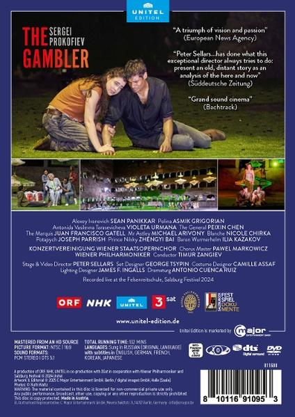 Poster für die Oper 'The Gambler'. Zeigt ein Paar auf Gras, eine Besetzungsliste, Zitate und Logos.