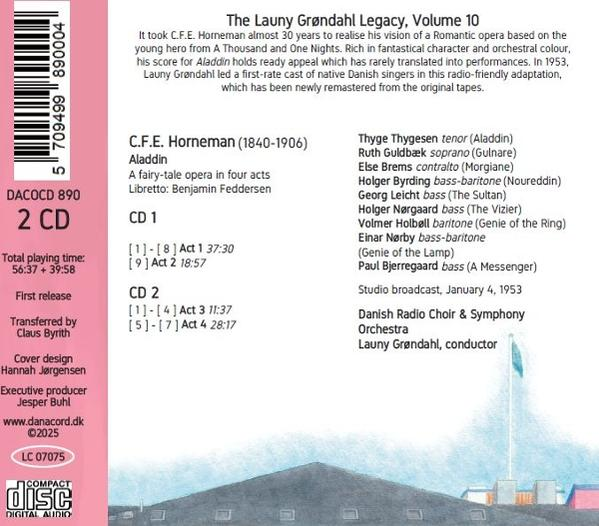 CD-Cover mit Text über eine Oper, 'The Launy Grøndahl Legacy'. Listet Besetzung, Orchester und Dirigenten.