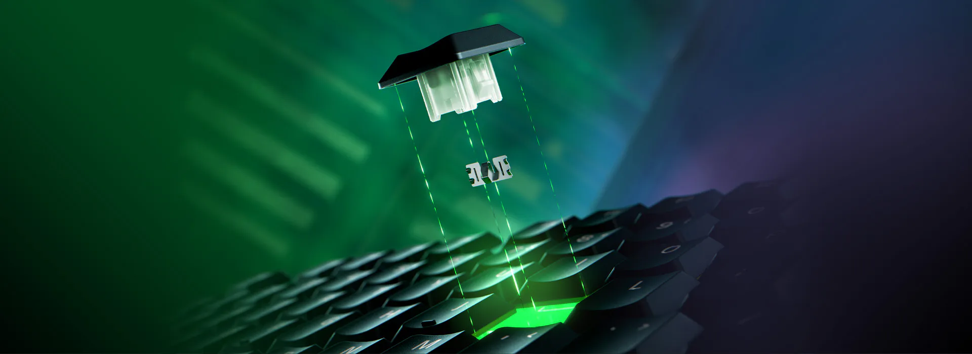 Egy billentyűzet gombját emelik fel, felfedve az alkatrészeket. Zöld fény árad a gombból. A háttér zöld és kék.