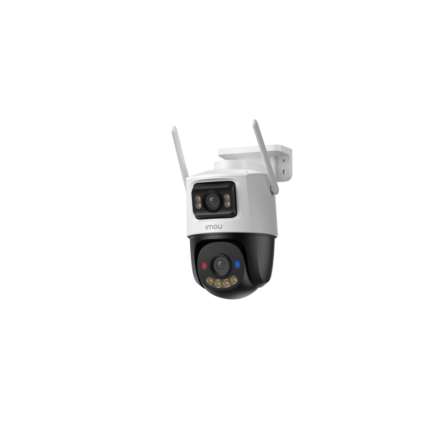 A white and black security camera with two antennas, a lens, and red and blue lights, against a black background.