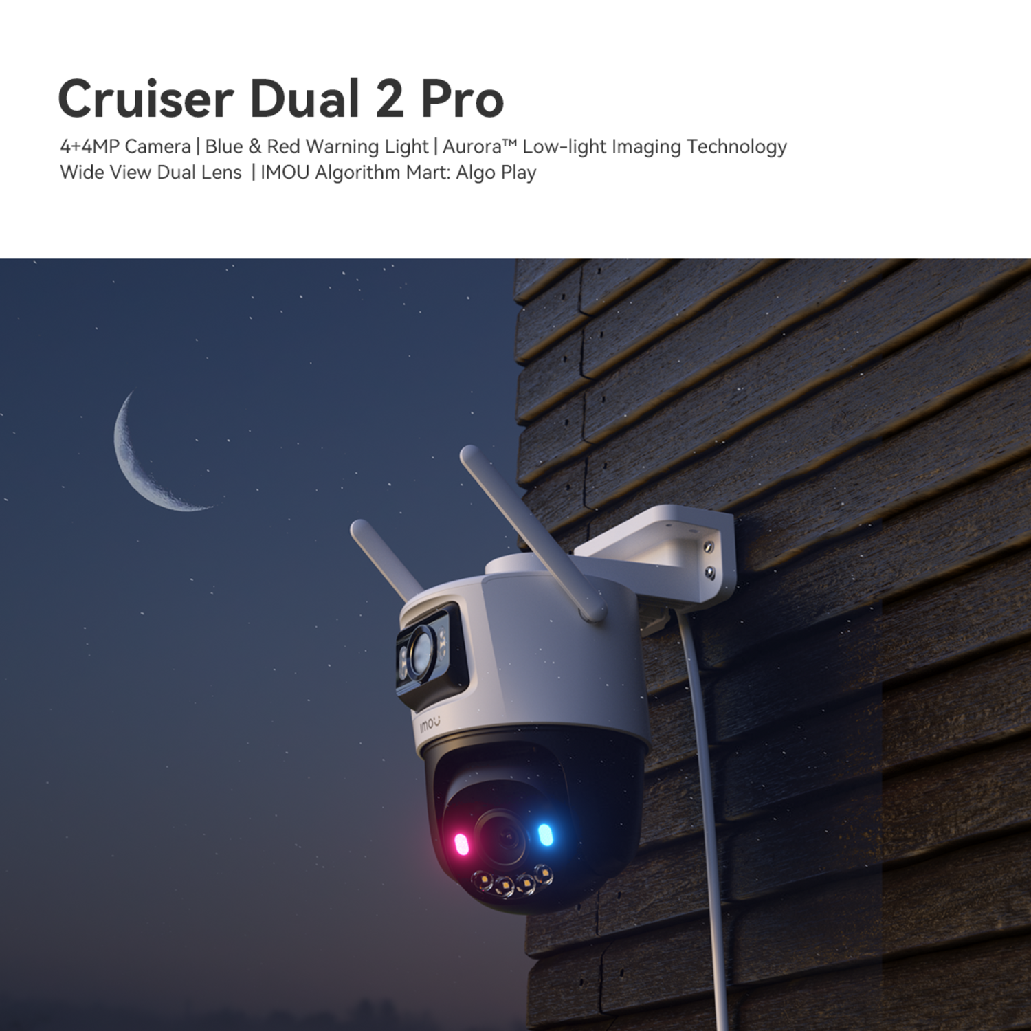 A security camera is mounted on a wooden wall. The camera has a red and blue light. The sky shows a crescent moon.