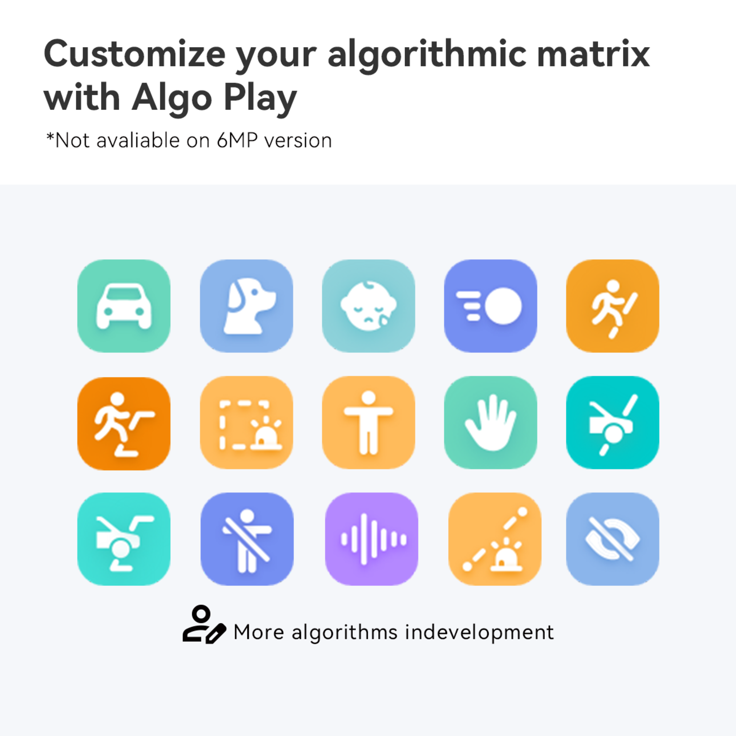 Image showcases colorful icons representing different algorithms. Text at the top says 'Customize your algorithmic matrix with Algo Play'.
