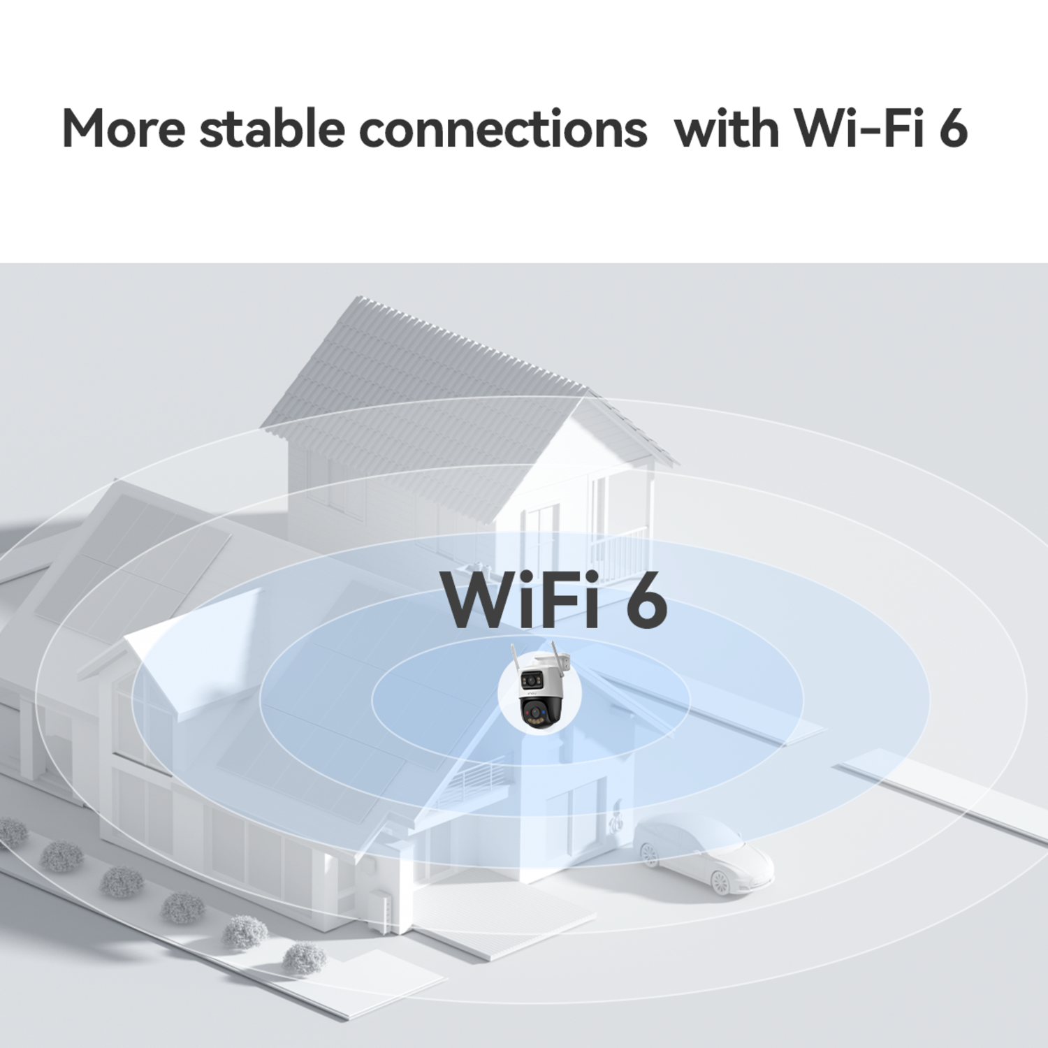Image shows a house with Wi-Fi 6. A camera is on the roof. Blue circles show the Wi-Fi range.